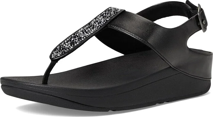 FitFlop Fino Crystal-Mix T-Strap Sandals Women's Wedge Shoes All Black : 5 M (B), Leather - Image 5