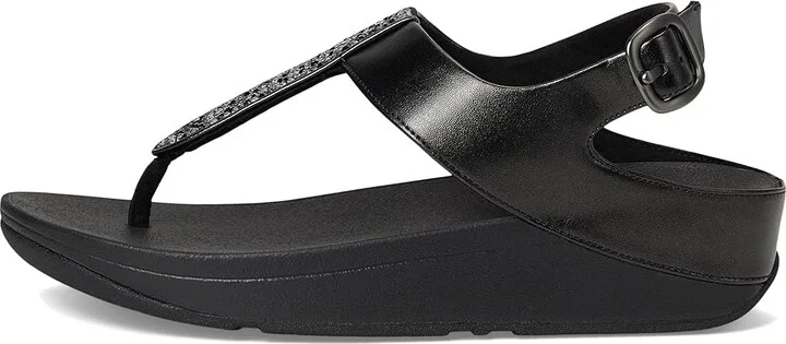 FitFlop Fino Crystal-Mix T-Strap Sandals Women's Wedge Shoes All Black : 5 M (B), Leather - Image 6