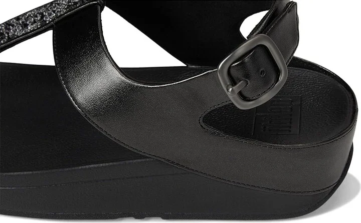 FitFlop Fino Crystal-Mix T-Strap Sandals Women's Wedge Shoes All Black : 5 M (B), Leather - Image 7