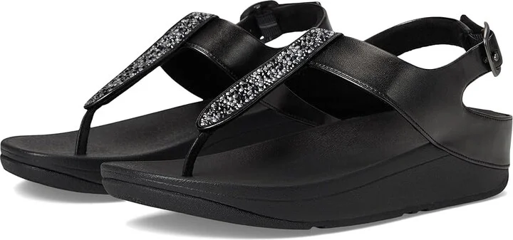 FitFlop Fino Crystal-Mix T-Strap Sandals Women's Wedge Shoes All Black : 5 M (B), Leather