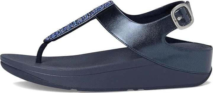 FitFlop Fino Crystal-Mix T-Strap Sandals Women's Wedge Shoes Midnight Navy : 10 M (B), Leather - Image 6