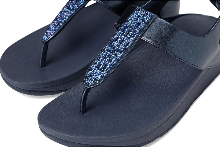 FitFlop Fino Crystal-Mix T-Strap Sandals Women's Wedge Shoes Midnight Navy : 10 M (B), Leather - Image 7