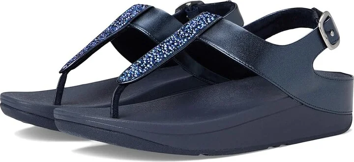 FitFlop Fino Crystal-Mix T-Strap Sandals Women's Wedge Shoes Midnight Navy : 10 M (B), Leather