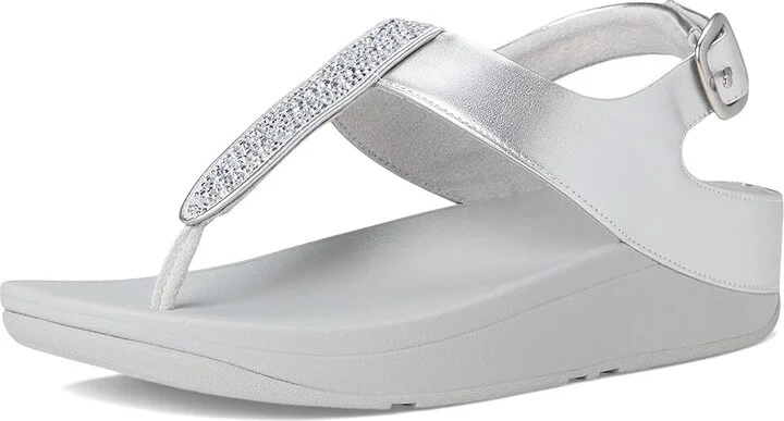 FitFlop Fino Crystal-Mix T-Strap Sandals Women's Wedge Shoes Silver : 5 M (B), Leather - Image 5