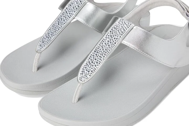 FitFlop Fino Crystal-Mix T-Strap Sandals Women's Wedge Shoes Silver : 5 M (B), Leather - Image 7