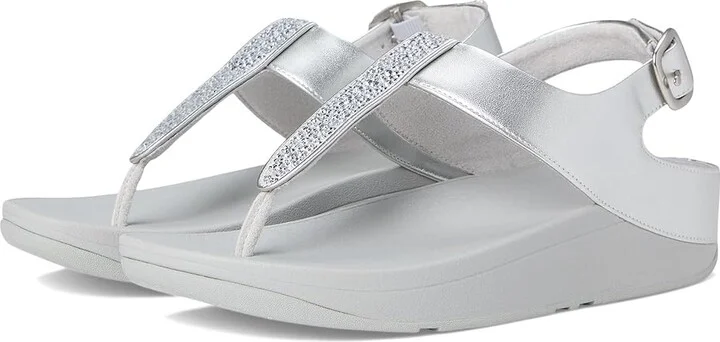 FitFlop Fino Crystal-Mix T-Strap Sandals Women's Wedge Shoes Silver : 5 M (B), Leather