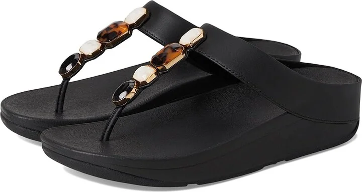 FitFlop Fino Multi-Stone Leather Toe-Post Sandals Women's Wedge Shoes All Black : 8 M (B), Leather/Rubber