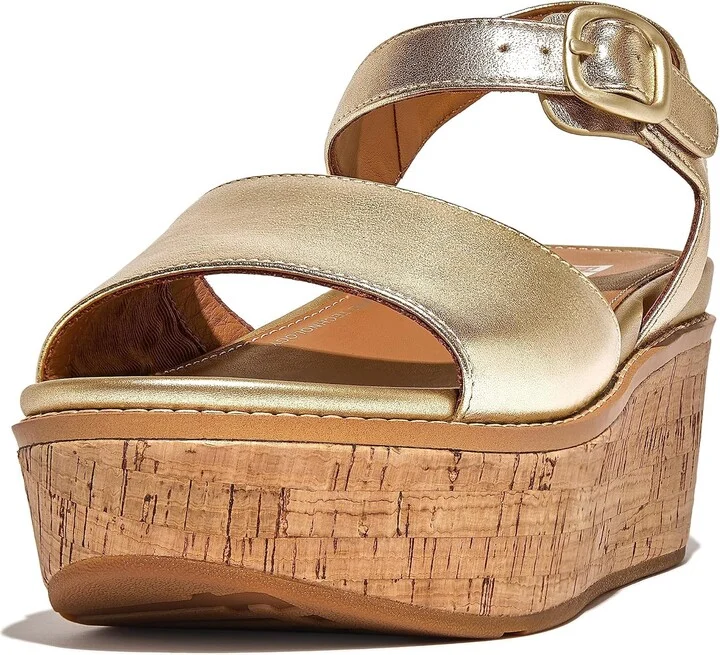 FitFlop FT6675-070 Eloise Cork-WRAP Leather Back-Strap Wedge Sandals Platino US09