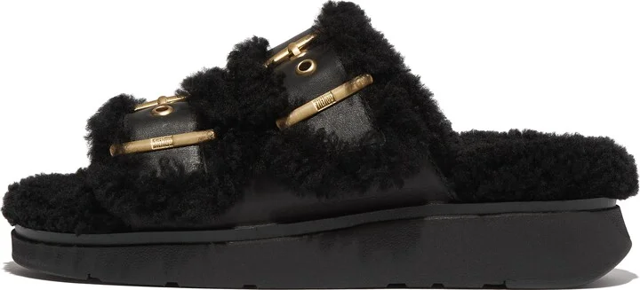 FitFlop GEN-FF Buckle Two-Bar Curly Slides Leather/Shearling