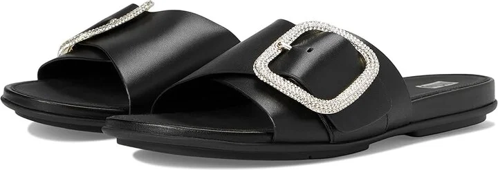 FitFlop Gracie Crystal Maxi-Buckle Leather Slides Women's Sandals Black : 6 M (B)