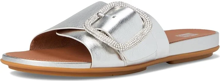 FitFlop Gracie Crystal Maxi-Buckle Metallic-Leather Slides Women's Sandals Silver : 6 M (B), Leather/Rubber - Image 5