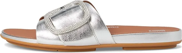 FitFlop Gracie Crystal Maxi-Buckle Metallic-Leather Slides Women's Sandals Silver : 6 M (B), Leather/Rubber - Image 6