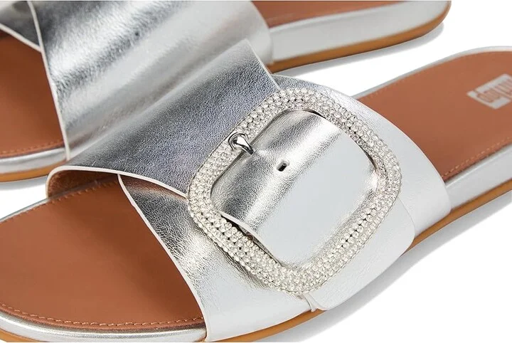 FitFlop Gracie Crystal Maxi-Buckle Metallic-Leather Slides Women's Sandals Silver : 6 M (B), Leather/Rubber - Image 7