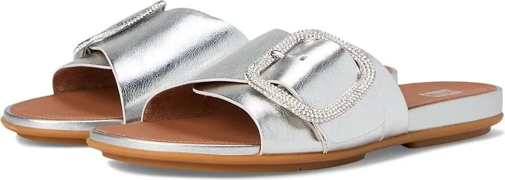 FitFlop Gracie Crystal Maxi-Buckle Metallic-Leather Slides Women's Sandals Silver : 6 M (B), Leather/Rubber
