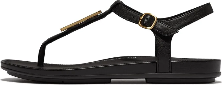 FitFlop GRACIE Gold-Trim Leather T-Bar Sandals