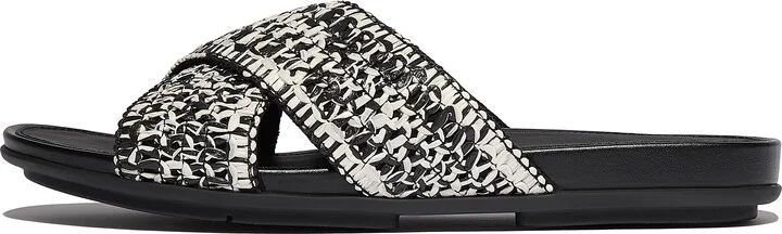 FitFlop GRACIE Two-Tone Woven Cross Slides Faux Raffia/Polyester