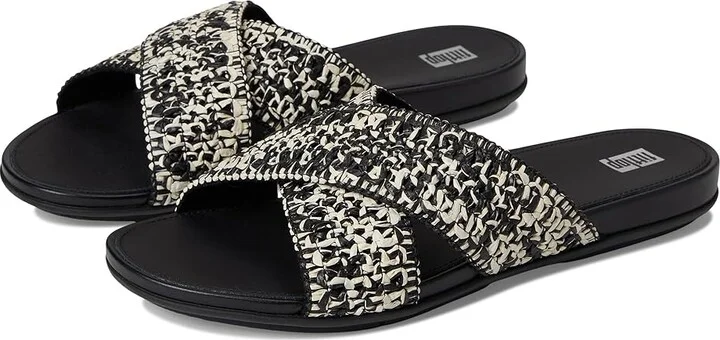 FitFlop Gracie Woven Cross Slides Women's Shoes Black/Ivory Mix : 6 M (B), Leather
