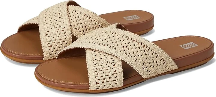FitFlop Gracie Woven Cross Slides Women's Shoes Deep Tan/Ivory : 8 M (B), Leather