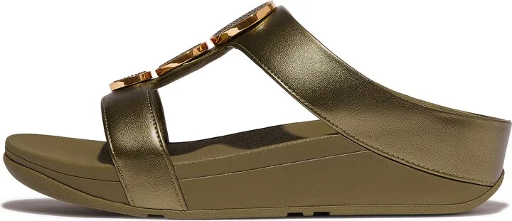 FitFlop HALO Bead-Circle Metallic H-Bar Slides Faux Leather Pu