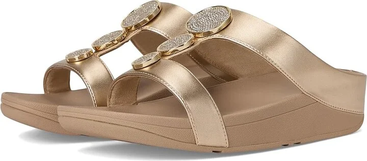 FitFlop Halo Bead-Circle Metallic H-Bar Slides Women's Sandals Metallic Latte Beige : 5 M (B), Leather