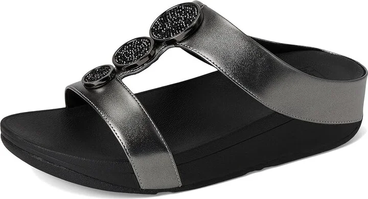 FitFlop Halo Bead-Circle Metallic H-Bar Slides Women's Sandals Pewter Black : 8 M (B), Leather - Image 5