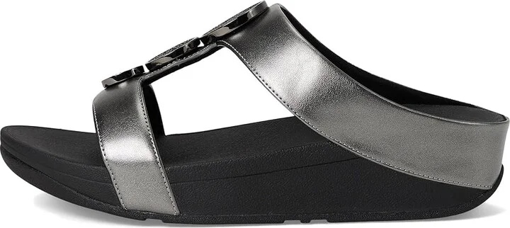FitFlop Halo Bead-Circle Metallic H-Bar Slides Women's Sandals Pewter Black : 8 M (B), Leather - Image 6