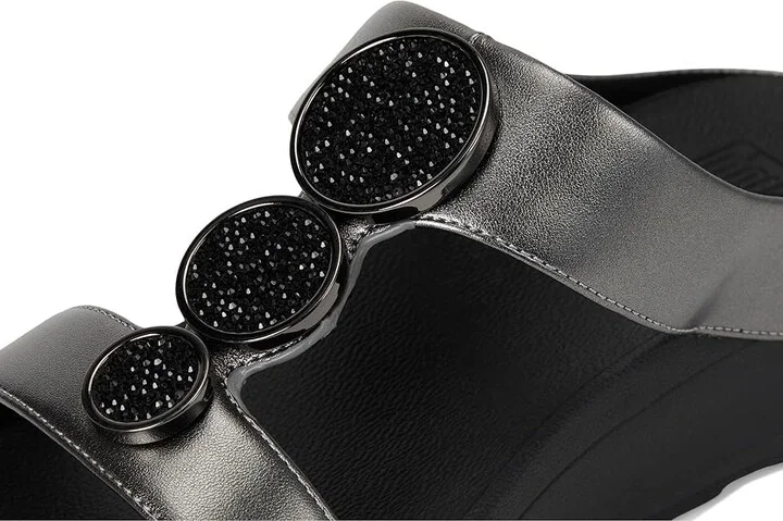FitFlop Halo Bead-Circle Metallic H-Bar Slides Women's Sandals Pewter Black : 8 M (B), Leather - Image 7