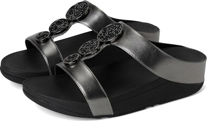 FitFlop Halo Bead-Circle Metallic H-Bar Slides Women's Sandals Pewter Black : 8 M (B), Leather