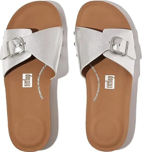 FitFlop Iqushion Adjustable Buckle Metallic-Leather Slides Women's Sandals Silver : 5 M (B) - Image 2