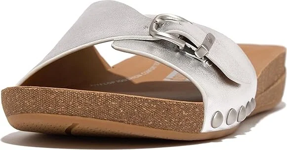 FitFlop Iqushion Adjustable Buckle Metallic-Leather Slides Women's Sandals Silver : 5 M (B) - Image 4