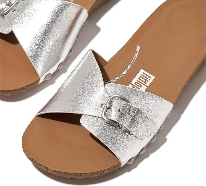 FitFlop Iqushion Adjustable Buckle Metallic-Leather Slides Women's Sandals Silver : 5 M (B) - Image 5