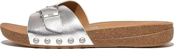 FitFlop Iqushion Adjustable Buckle Metallic-Leather Slides Women's Sandals Silver : 5 M (B)