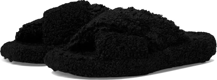 FitFlop Iqushion D-Luxe Padded Teddy Cross Slides Women's Sandals All Black : 6 M (B)