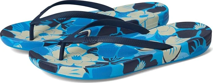 FitFlop Iqushion Flowerz Ergonomic Flip-Flops Women's Wedge Shoes Bondi Blue Mix : 5 M (B), Rubber