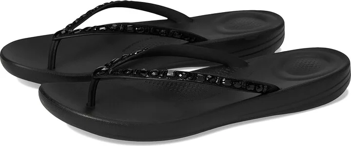 FitFlop Iqushion Multi-Crystal Ergonomic Flip-Flops Women's Wedge Shoes All Black : 5 M (B), Rubber