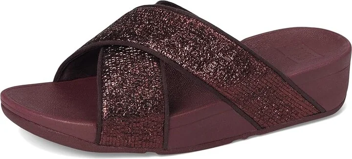 FitFlop Lulu Crinkled-shimmer Cross Slides Women's Wedge Shoes Metallic Plumberry : 9 M (B), Synthetic - Image 5