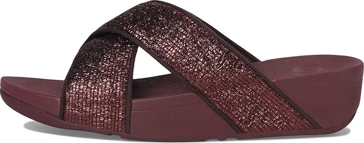 FitFlop Lulu Crinkled-shimmer Cross Slides Women's Wedge Shoes Metallic Plumberry : 9 M (B), Synthetic - Image 6