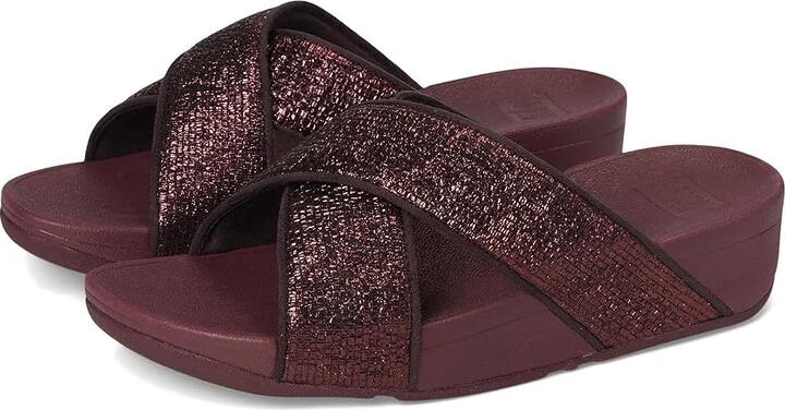 FitFlop Lulu Crinkled-shimmer Cross Slides Women's Wedge Shoes Metallic Plumberry : 9 M (B), Synthetic