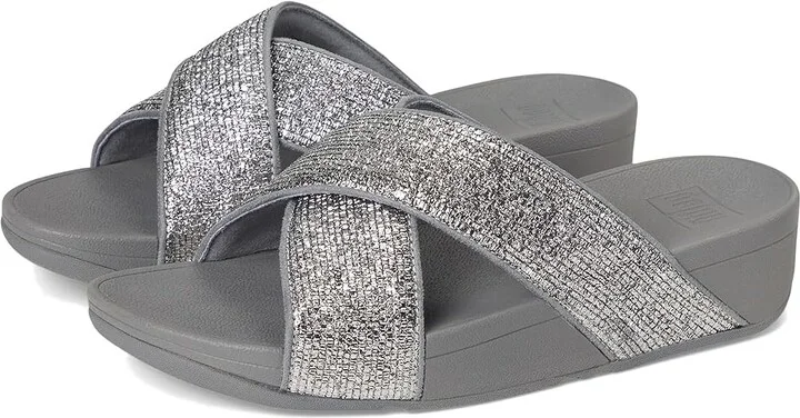 FitFlop Lulu Crinkled-shimmer Cross Slides Women's Wedge Shoes Silvereen : 5 M (B), Synthetic