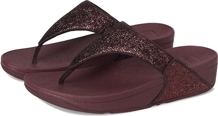 FitFlop Lulu Crinkled-shimmer Toe-post Sandals Women's Wedge Shoes Metallic Plumberry : 7 M (B), Synthetic