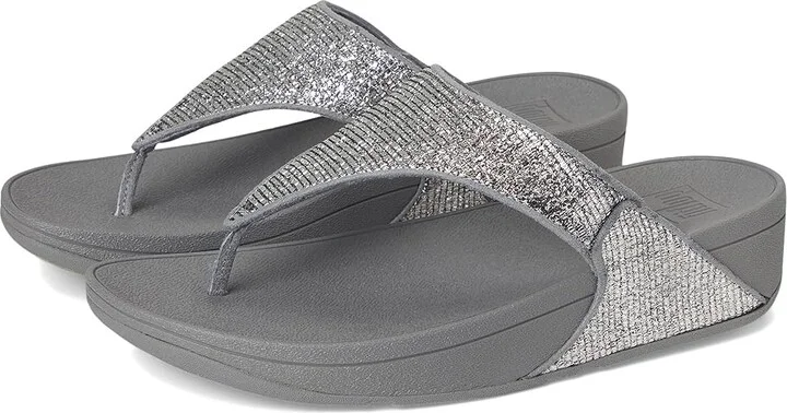 FitFlop Lulu Crinkled-shimmer Toe-post Sandals Women's Wedge Shoes Silvereen : 10 M (B), Synthetic
