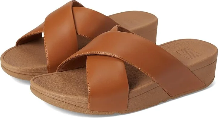 FitFlop Lulu Cross Slide Sandals - Leather Women's Wedge Shoes Light Tan : 9 M (B)