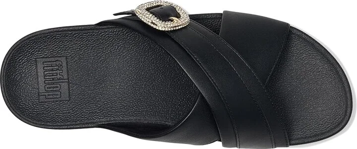 FitFlop Lulu Crystal-Buckle Leather Cross Slides Women's Sandals Black : 5 M (B) - Image 2