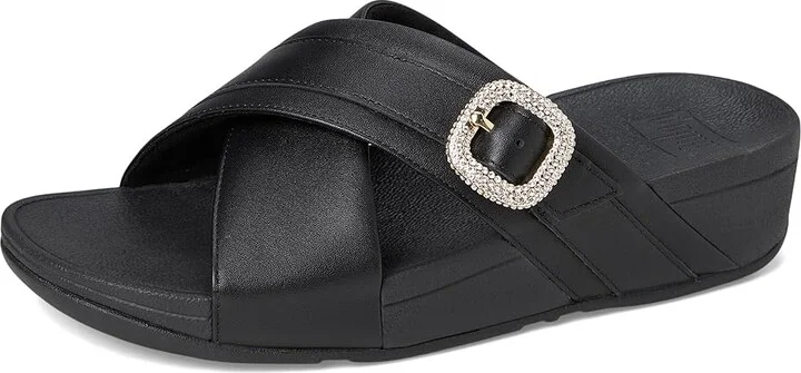 FitFlop Lulu Crystal-Buckle Leather Cross Slides Women's Sandals Black : 5 M (B) - Image 5