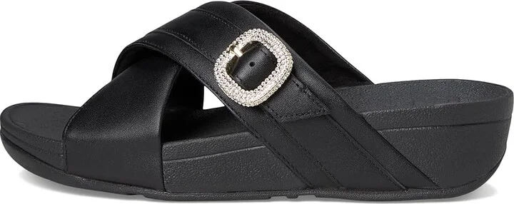FitFlop Lulu Crystal-Buckle Leather Cross Slides Women's Sandals Black : 5 M (B) - Image 6