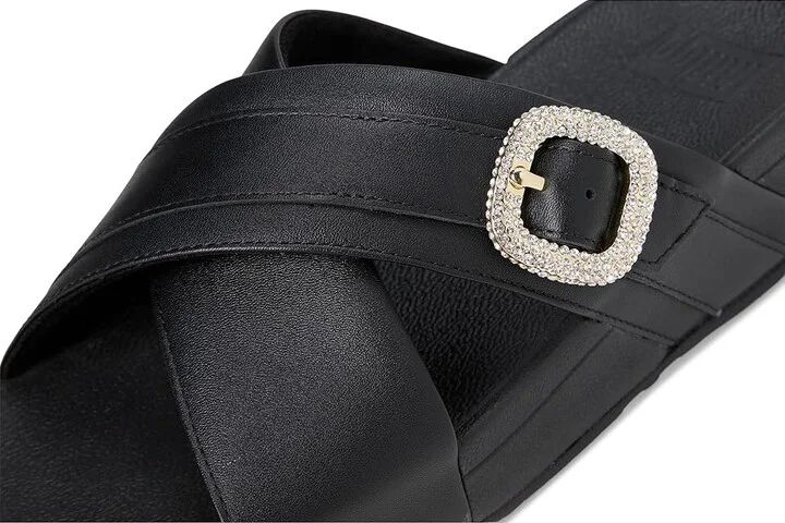 FitFlop Lulu Crystal-Buckle Leather Cross Slides Women's Sandals Black : 5 M (B) - Image 7
