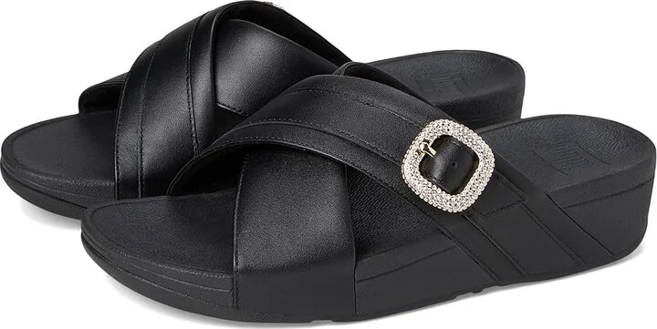 FitFlop Lulu Crystal-Buckle Leather Cross Slides Women's Sandals Black : 5 M (B)