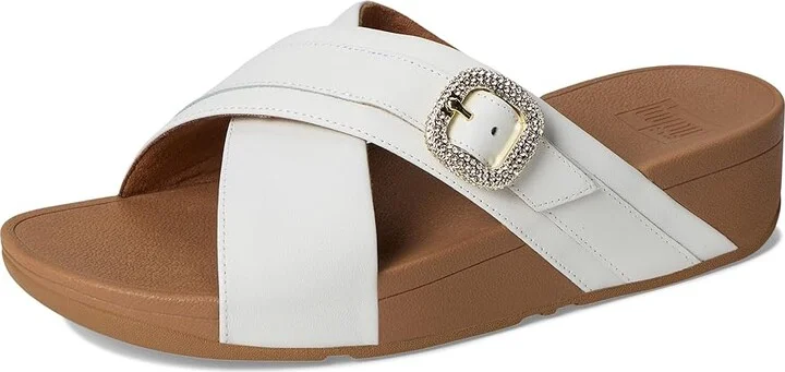 FitFlop Lulu Crystal-Buckle Leather Cross Slides Women's Wedge Shoes Urban White 1 : 10 M (B) - Image 5