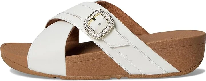 FitFlop Lulu Crystal-Buckle Leather Cross Slides Women's Wedge Shoes Urban White 1 : 10 M (B) - Image 6