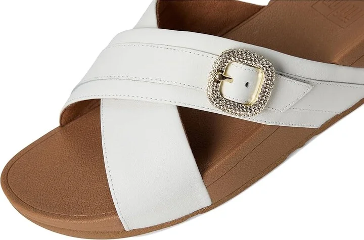 FitFlop Lulu Crystal-Buckle Leather Cross Slides Women's Wedge Shoes Urban White 1 : 10 M (B) - Image 7